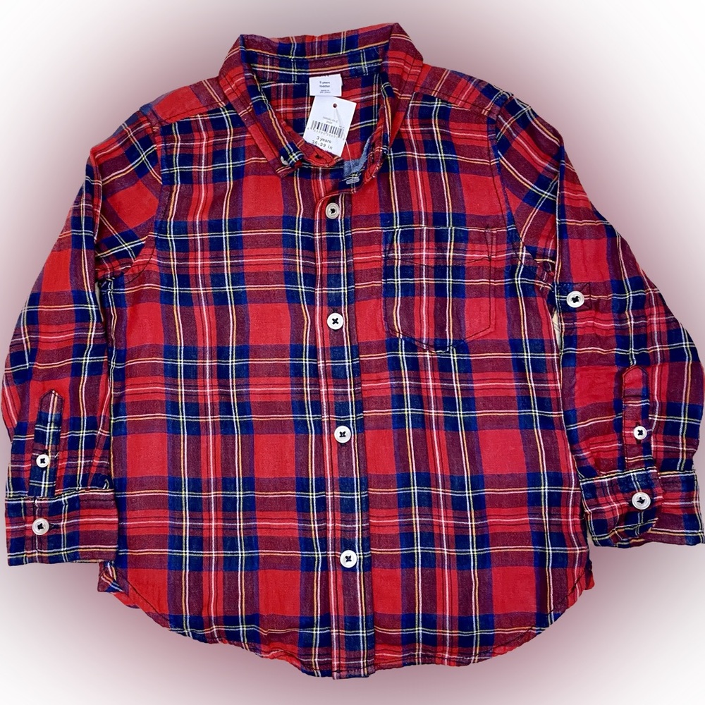 NWT Boys 3T GAP Red Plaid Dress Shirt